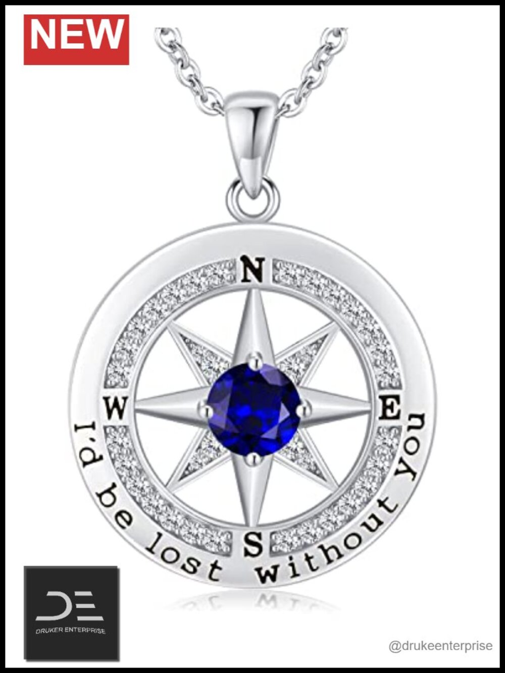S925 Sterling Silver Compass Pendant Necklace I'd Be Lost Without You Cubic